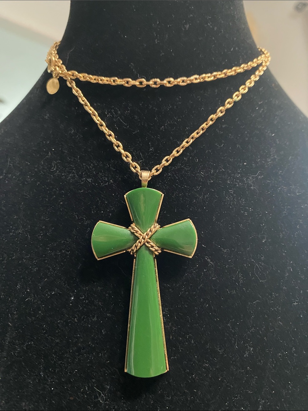Avon Gold-Tone Necklace with Green Cross Pendant